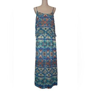 Liberty Love Women’s Blue/Multi-Color Peplum Spaghetti Strap Maxi Dress in SZ XL